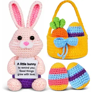 5 Pcs Finished Crochet Animals Prefilled Handmade Easter Basket with Bunny, Carrot, 2 Eggs, Easter Decoration Gifts for Teen Girls & Adults Women