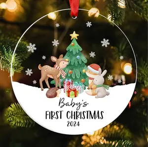 Woodland Baby's First Christmas Ornament 2024, Baby 1st Christmas, New Baby Ornament for Girls Boys, Keepsake Pregnancy Newborn Baby Ornaments, Christmas Tree Hanging Decorations Acrylic Ornament