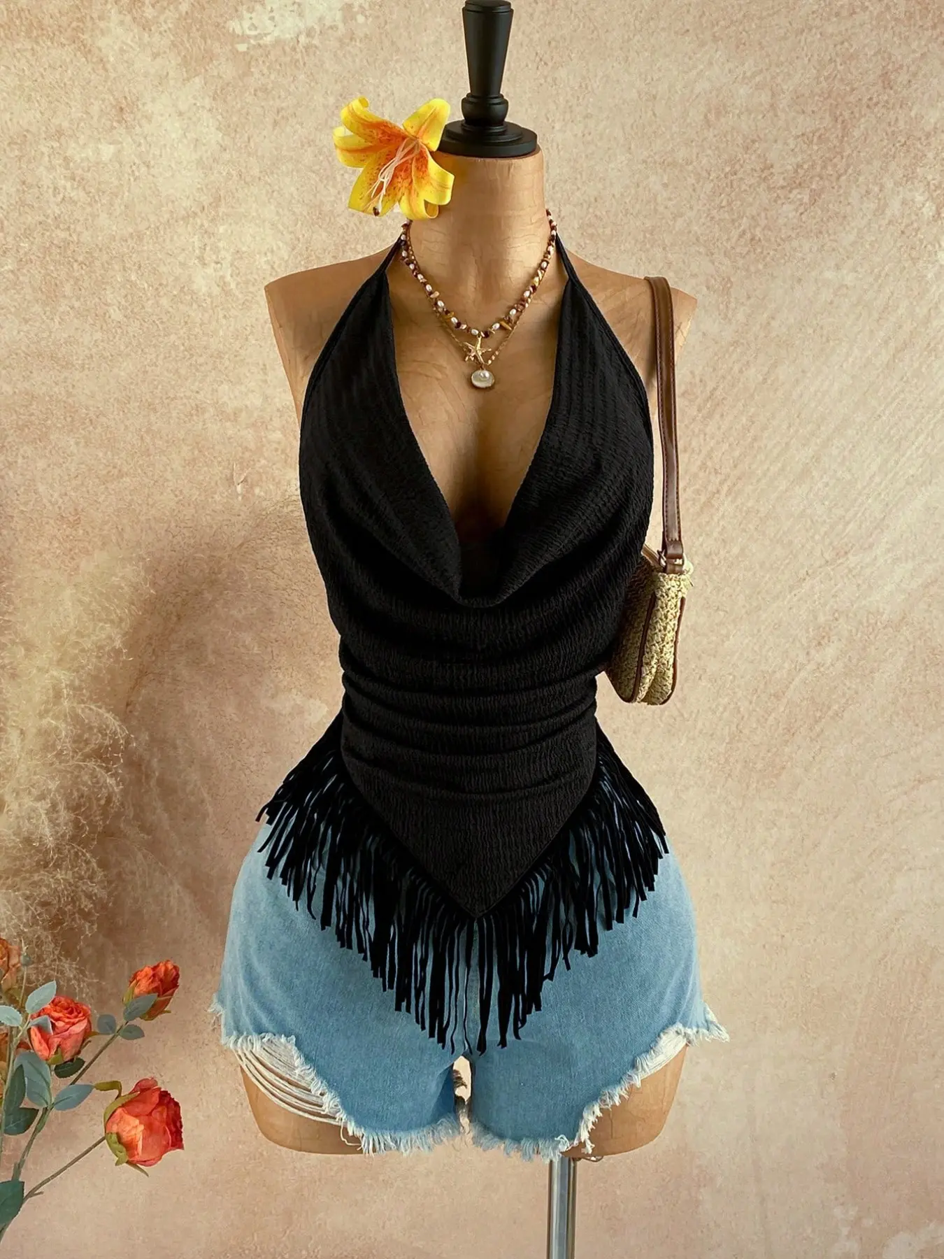 Fringe Halter Backless Top, Deep V Neckline, Bodycon Waist Cinch, Asymmetrical Pure Desire Style, Short Sleeve Upper Garment, Solid, Women Fit