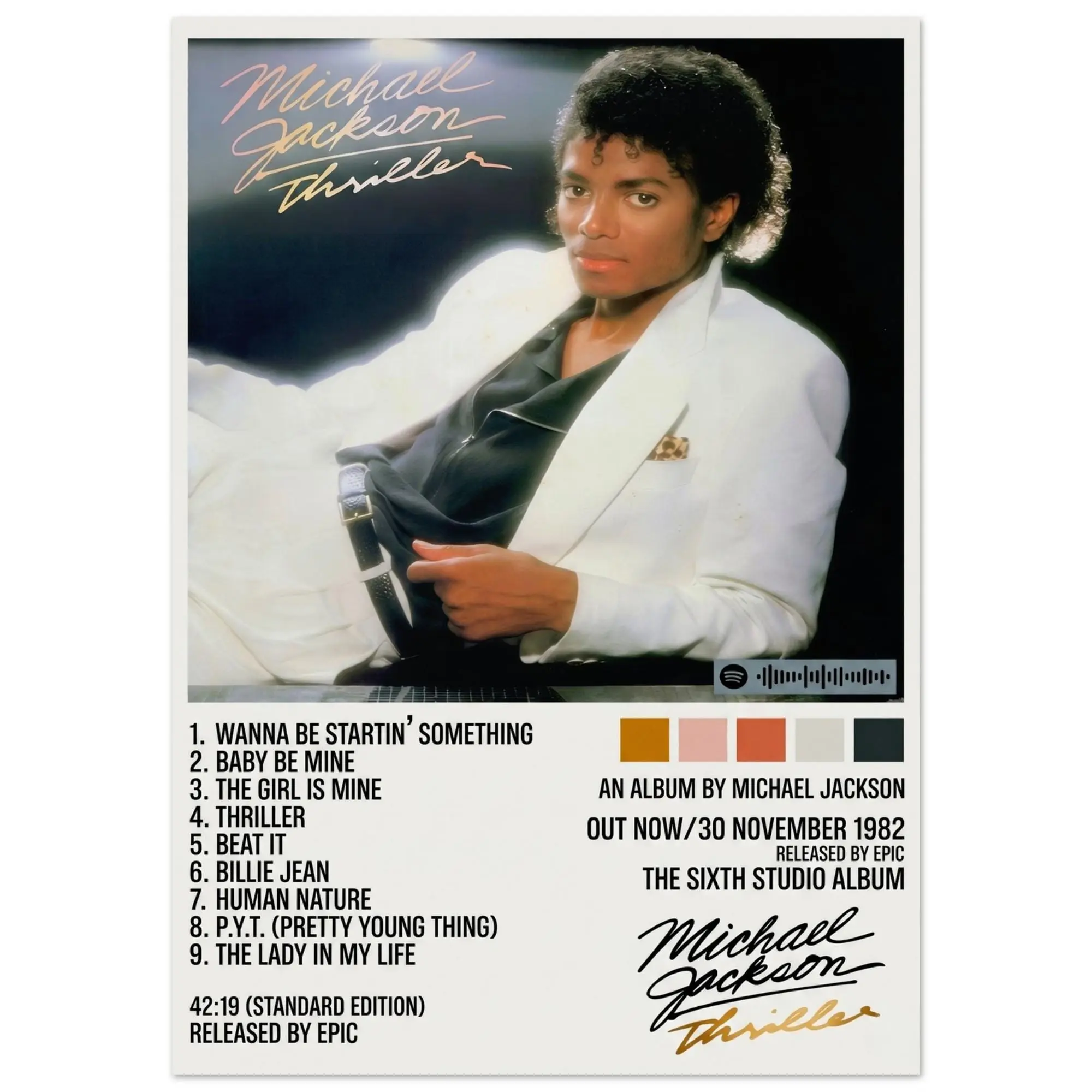 Michael Jackson Thriller Album Tracklist Canvas Wall Art Print - Vintage 80s Pop Music Poster, Minimalist Multi-Size Decoration for Bedroom Music Room, Framed/Unframed Room Decoration