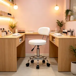 Lined Round Adjustable Salon Stool with Backrest Rotating Rolling Chair for Beauty Salon Daily Use