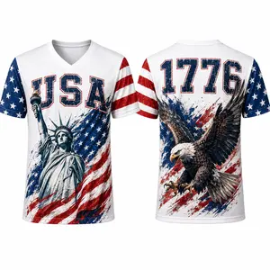USA Patriotic V-Neck Sports Shirt for Men Women, 1776 Liberty Statue Eagle Graphic Tee, Red White Blue 4th of July Athletic Top