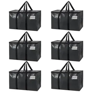 6 Pack Black Heavy Duty Totes For Storagewith Visible Labels , Large Moving Bags,Wrap Around Handles, Storage Bags for Space Saving, Change of seasons Alternative to Moving Boxes  Back to school season gifts