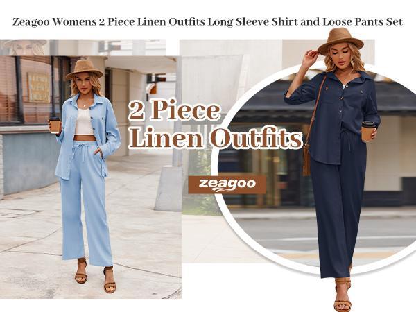 zeagoo Women 2 Piece Linen Sets Button Down Shirt and Drawstring Long Pants Set Summer Outfits Halloweez