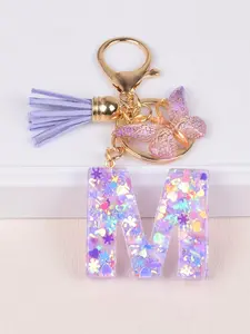 Initials Letter Design Keychain Pendant, Cute Butterfly Resin Key Chain Ring, Purse Bag Backpack Charm, Earbud Case Cover Accessories, Women Gift