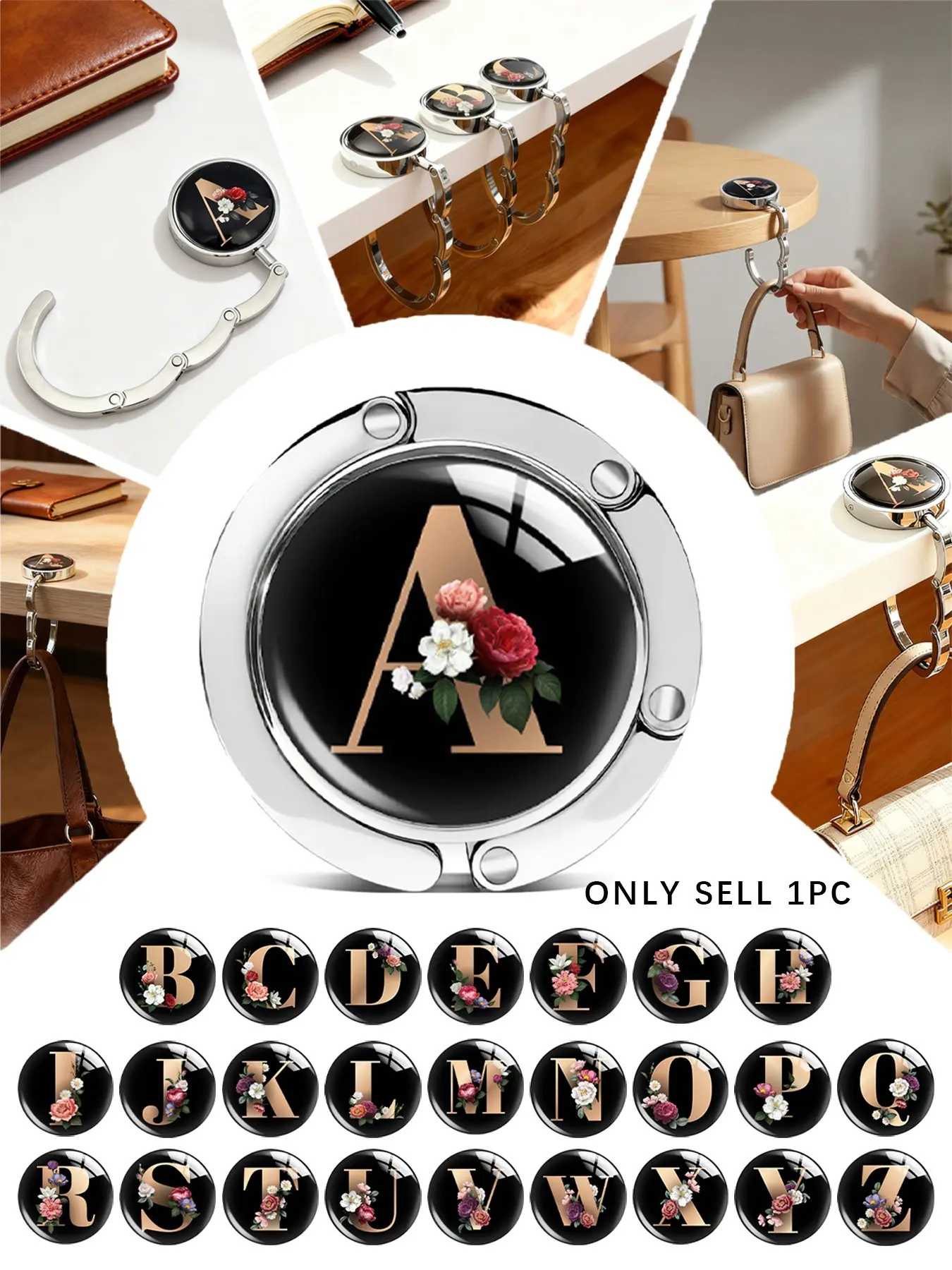 Purse Hook, Bag Accessory, Foldable Zinc Alloy Handbag Holder with Letters A-Z, Table Hook Holder, Better Protection and Display of Your Bags, Women's Gift, Valentine's Day Gift, for Offices/Restaurants/Cafes/Outdoor, Folding, Carry Purse Hook, Bag Hanger