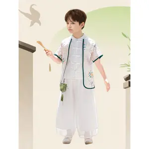 Children's Hanfu Set for Boys: Chinese Style Western-Inspired Mandarin Collar Tang Suit, Baby Ethnic Short Sleeve Outfit, 3pcs Set (Top + Pants + Sachet)