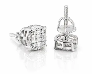 Moissanite Double Baguette Round Halo Earrings 8.5MM — VVS D Color GRA Certified 925 Silver