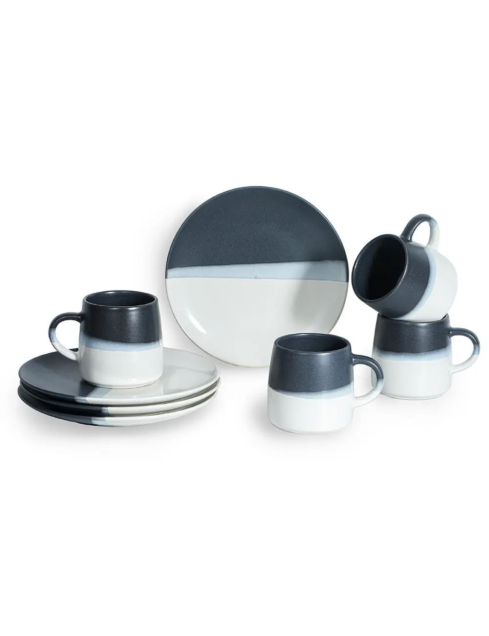 Table 12 Bruckner 8-Piece Dessert Set, Service for 4, Four 12-Oz. Coffee Mugs & Four 8" Salad Plates, Stoneware with Tri-Color Reactive Glaze, Dishwasher and Microwave Safe, TD8YM
