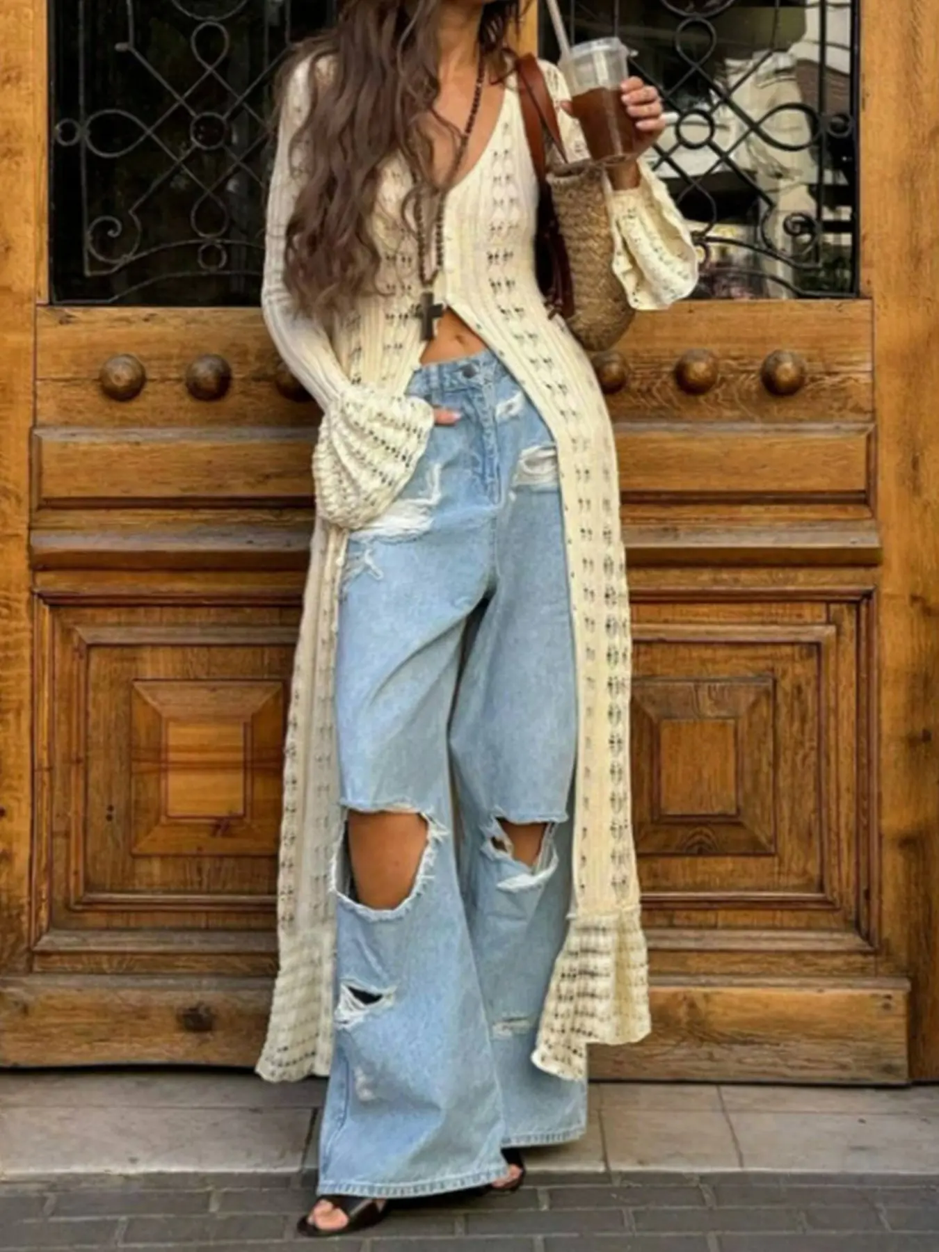 Women's Beige Solid Hollow Knitting Long Cardigan, Knitwear Sweater Coat, Hollow Knitwear, Bikini/Sundress Outerwear, Buttoned Flared Sleeve Style, Bohemian Boho Style, Summer Outfit, Suitable for Beach, Town Roaming, Womenswear