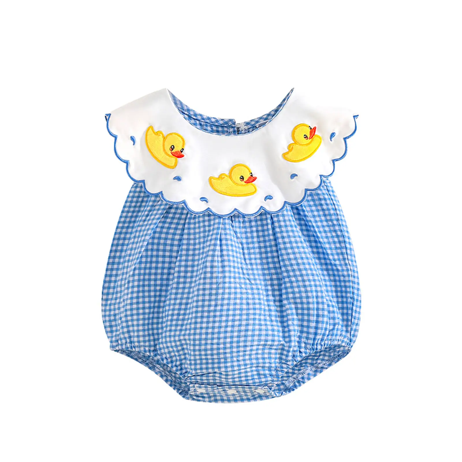 [Yomi Kids] Baby Girl Summer Plaid Romper Blue Sleeveless Doll Collar Duck Embroidery Jumpsuit