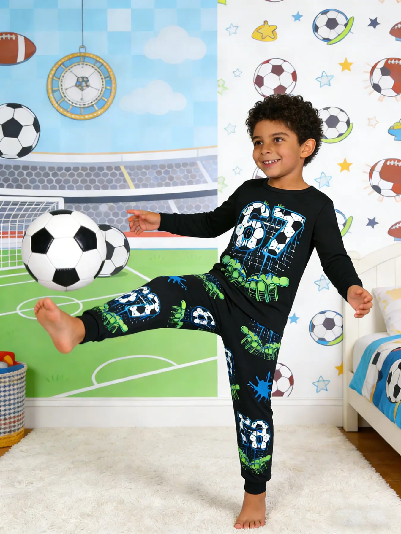 Boys' 2-Piece Football Printed Long Sleeve Pajama Set, Pajama Outfit, Casual Fitted Sleepwear for Spring & Fall, All over Print Home Wear, Sleepwear Pajamas Set, Pyjamas Set