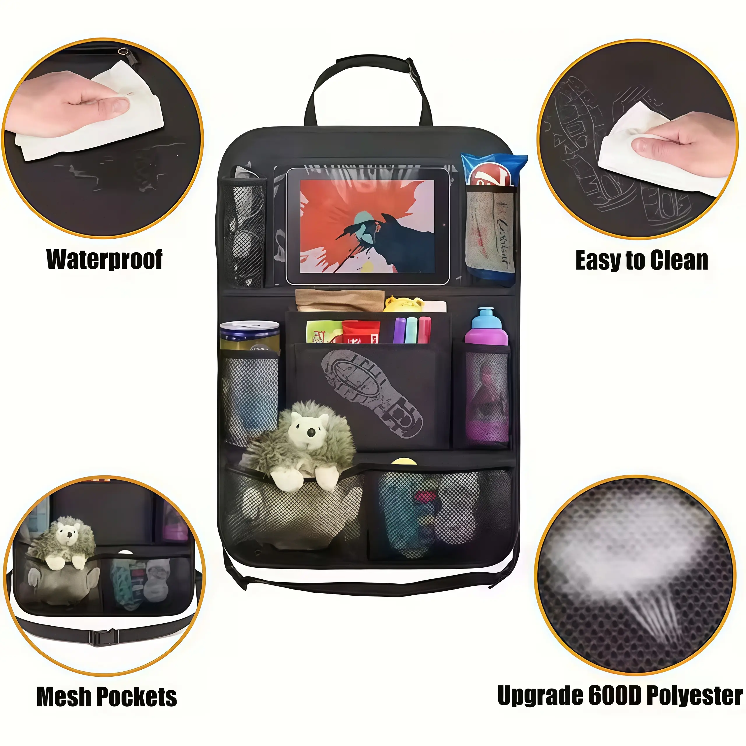[Car Seat Storage Bag] Durable Car Seat Back Storage Bag, Foldable Storage Bag with Multiple Compartments for Tablets, Smartphones, Soda Cans & More, Ideal for Travel, Car Storage Organizer, Backseat Storage