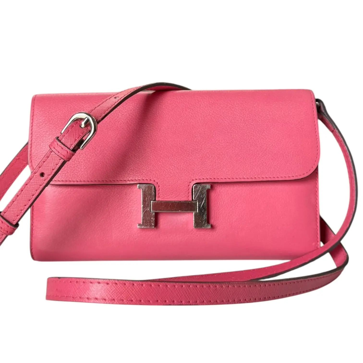 Pre-owned HERMÈS Leather Crossbody Bags HERMES Pink Clemence Constance Wallet Palladium Hardware & Added Strap
