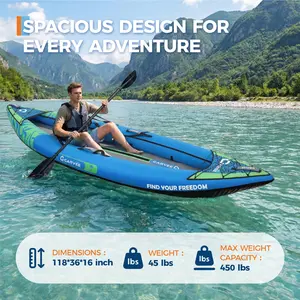 Inflatable 1 Person Kayak 10FT 400LB ,Portable Fishing Kayak for Adults with Padded Seat, 3 Fins, Hand Pump, Carry Bag, Solo Touring Kayak for Lakes & Rivers