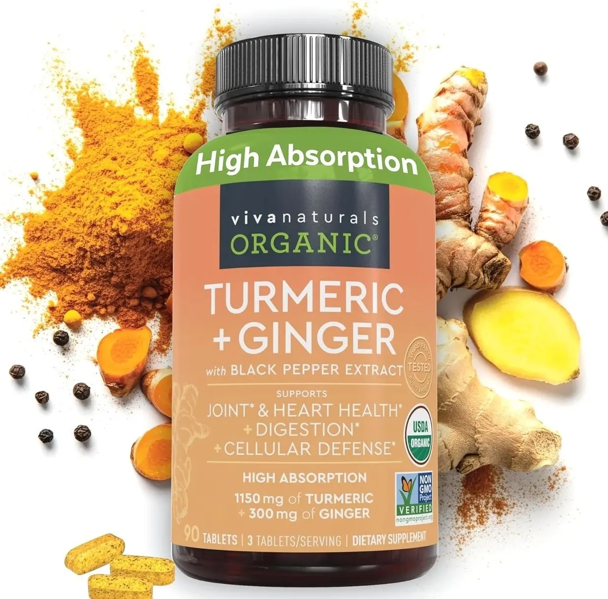 Turmeric and Ginger Supplement with Black Pepper for Better Absorption - Organic Turmeric Curcumin to Support Joint, Heart and Digestive Health, Non-GMO - 120 Tablets
