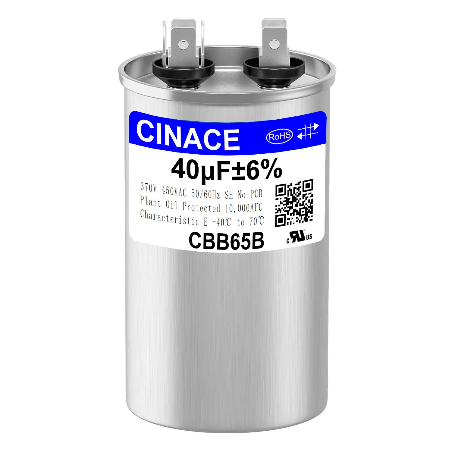 CINACE Dual Run-Start Circular Capacitor, 40µF±6% 40MFD, 370/450VAC 50/60Hz, 100*50mm Compact Size for Air Conditioners, AC Motors