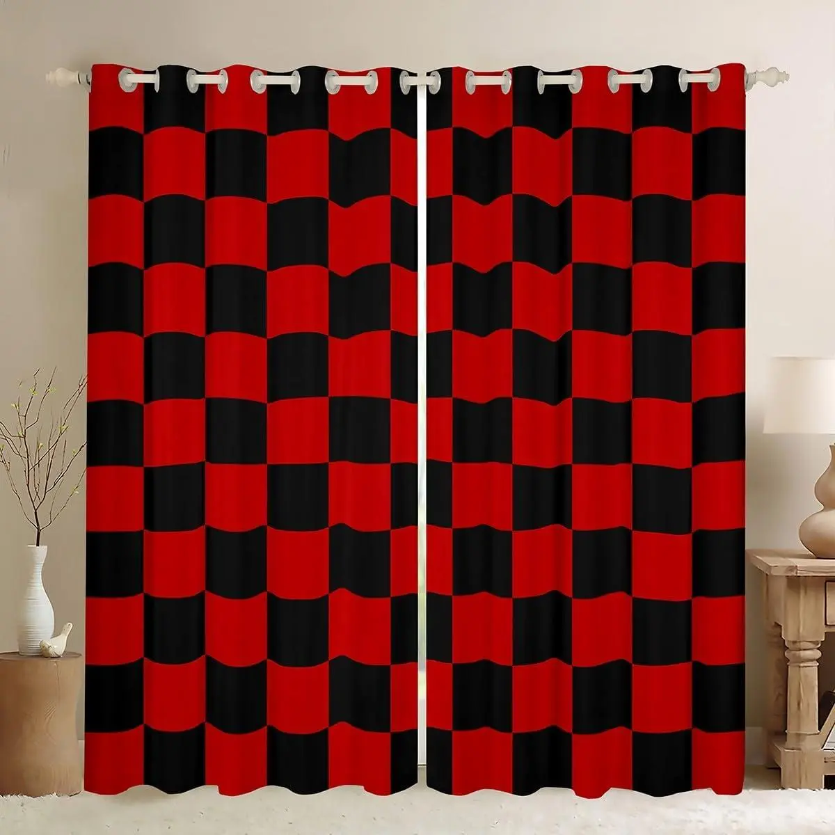 Checkered Window Curtains for Bedroom Teen Red Black Plaid Window Drapes Treatments Cute Retro Neutral Checkerboard Geometric Curtains Vintage Aesthetic Room Decor,,2 Panels