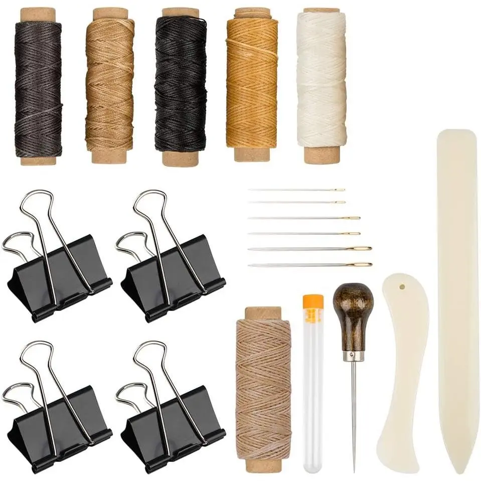 DaKuan 20-Piece Durable Bookbinding Tool Set - 1 mm Diameter Ecru Flat Waxed Thread (6 Pieces), 5.7 cm Large-Eye Needles, 2 Plastic Bone Folder Creasers, Wood Handle Awl, Binder Clips for Beginners' Handmade DIY Bookbinding Paper Crafts, 1 Mm Diameter Thr