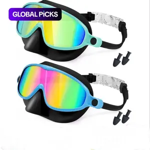 Swim Goggles with Nose Bridge, Large Frame Waterproof Anti-Fog Outdoor Swimming Goggles, High Definition Electroplated 3-15 Years