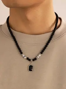 Handmade Beaded Necklace with Square Stone Pendant, Elegant Jewelry for Daily Wear, Fashion Accessory, Meditation Healing, Perfect Gift