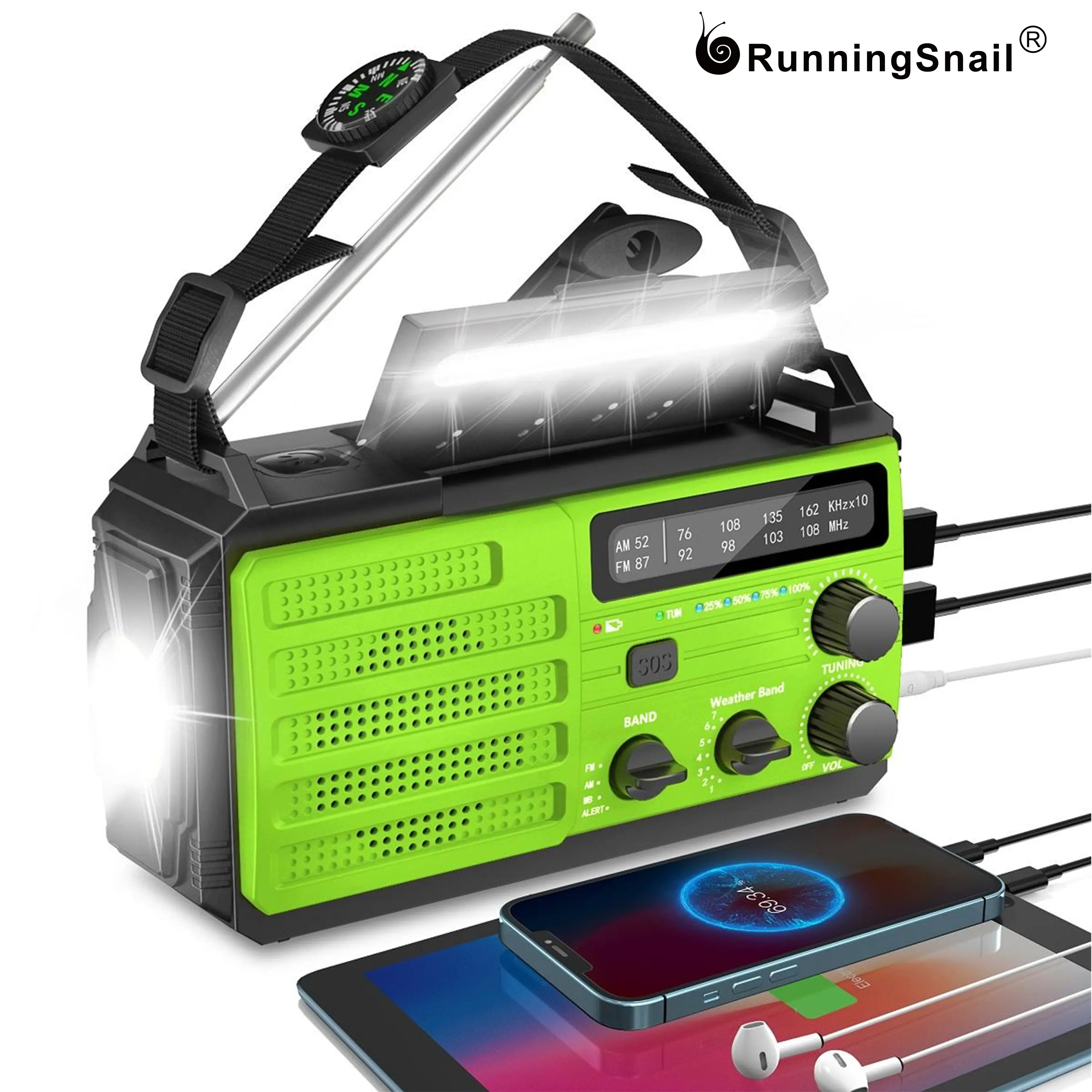 6000mAh Solar Hand Crank Emergency Radio with AM/FM/NOAA, Audio Function, Adjustable Waterproof 3-Mode Flashlight, SOS Alarm & USB Charging for Hurricanes, Outdoor Emergencies, Adjustable Waterproof Flashlight