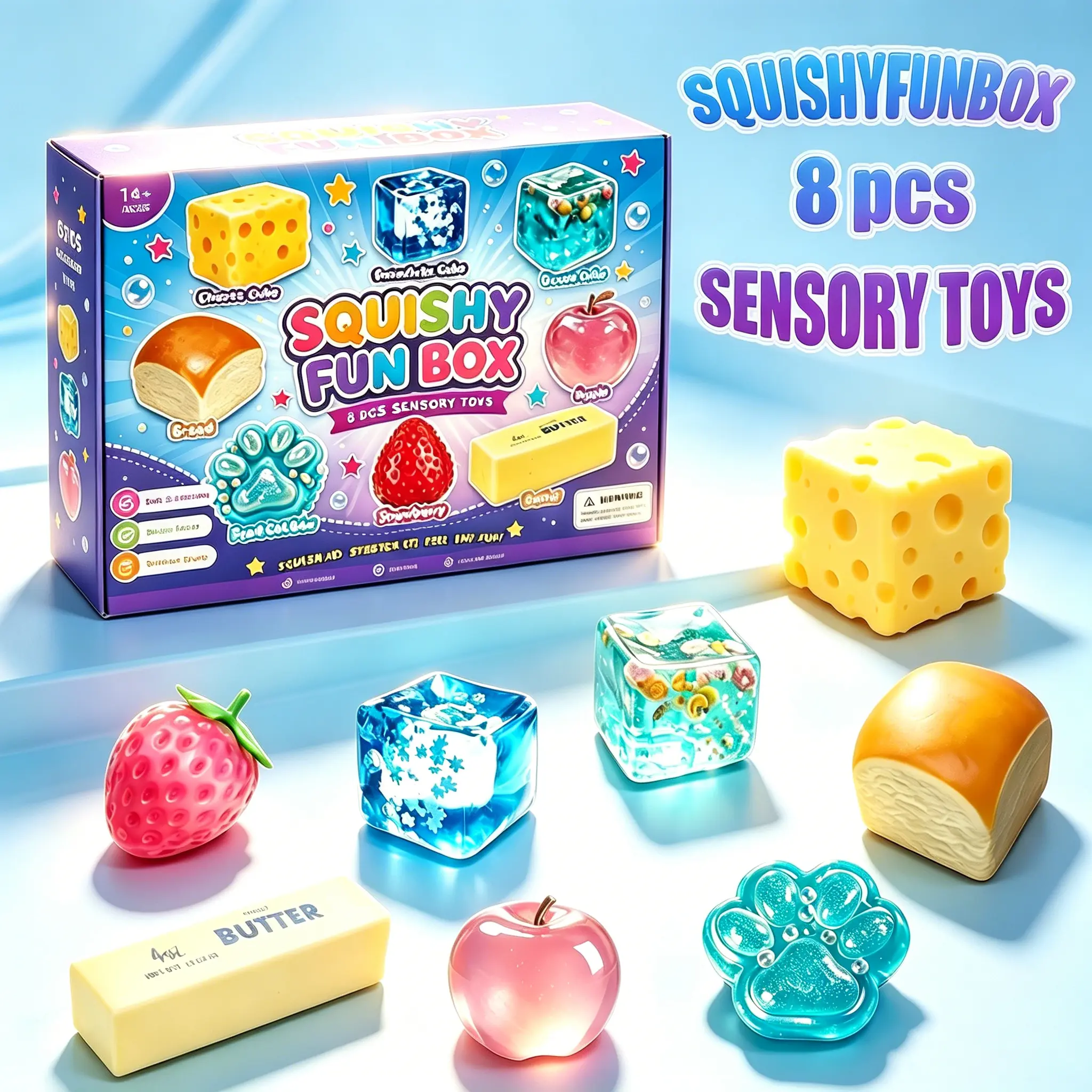 8-Piece Set Box Malt Sugar Stress Relief Fidget Toys, Sensory Bundle, Creative Slow-Return Squishy, Party Gift, 8 Different Styles