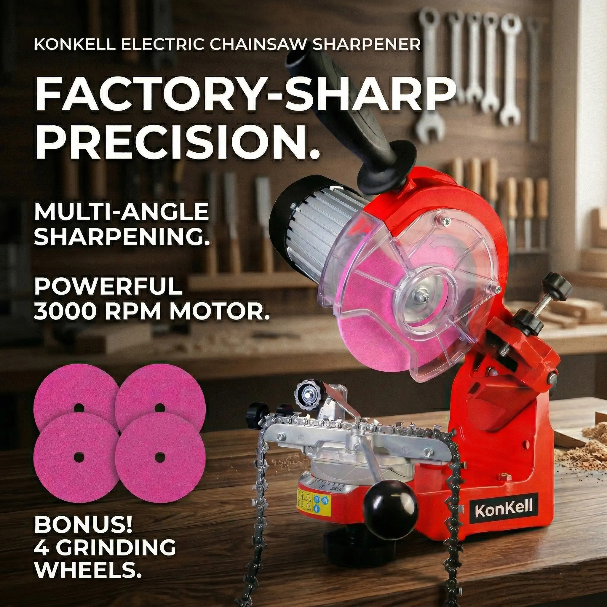 230V Electric Chainsaw Sharpener - Powerful 3000 RPM Motor, Multi-Angle Turntable, Sharpens 1/4", .325 Inch, 3/8", .404 Inch Chains, Durable Precise Efficient Power Tool Accessory for Professionals