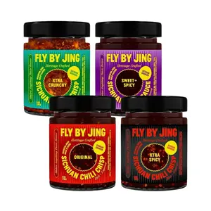 Fly By Jing Chili Crisp Best Sellers 4-Pack (6 oz Each) – Chili Crisp, Xtra Spicy, Sweet + Spicy & Xtra Crunchy, Vegan & Non-GMO
