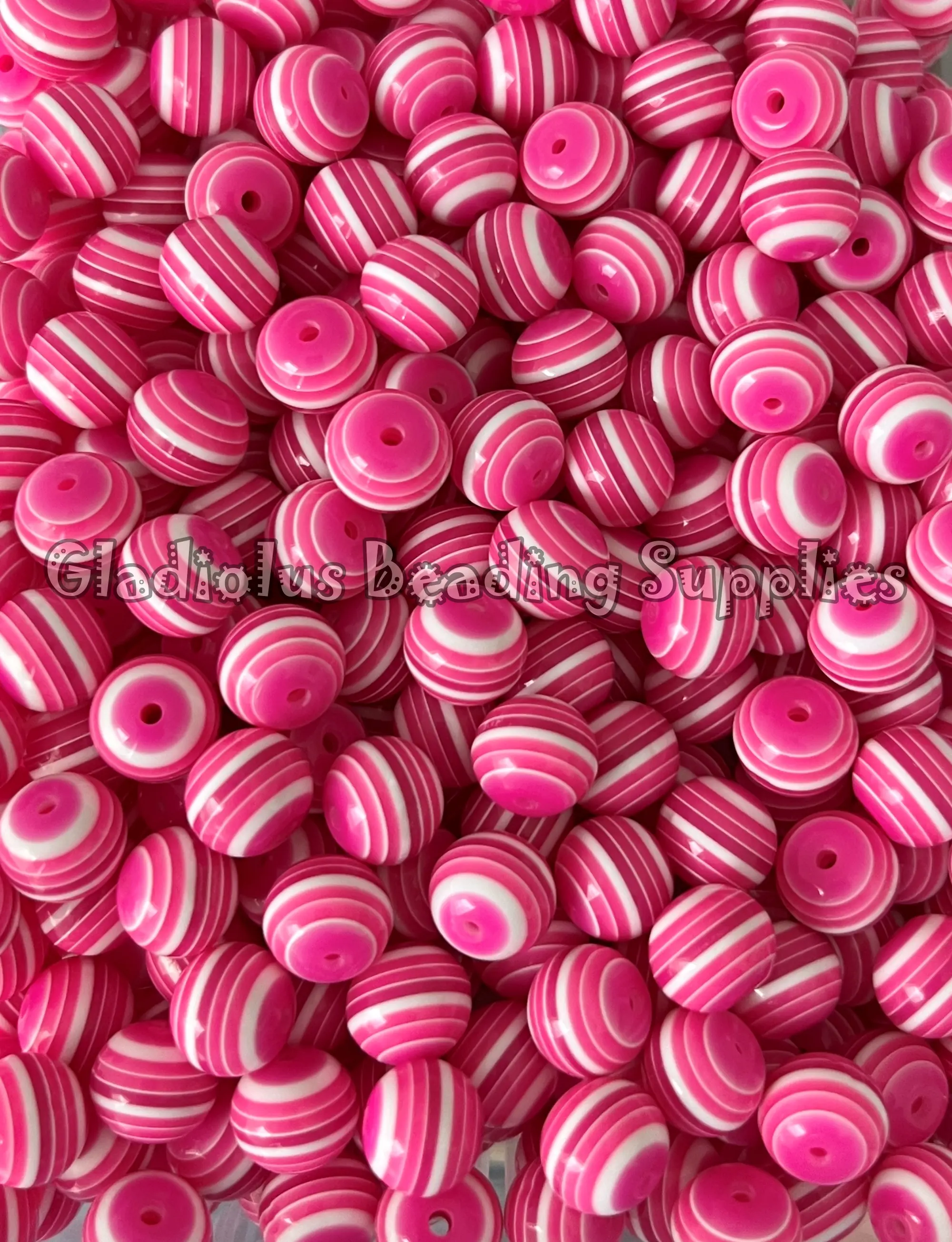 12mm Pink/White Striped Beads, Round, Loose, 0.47 inches, Chunky, Gumball