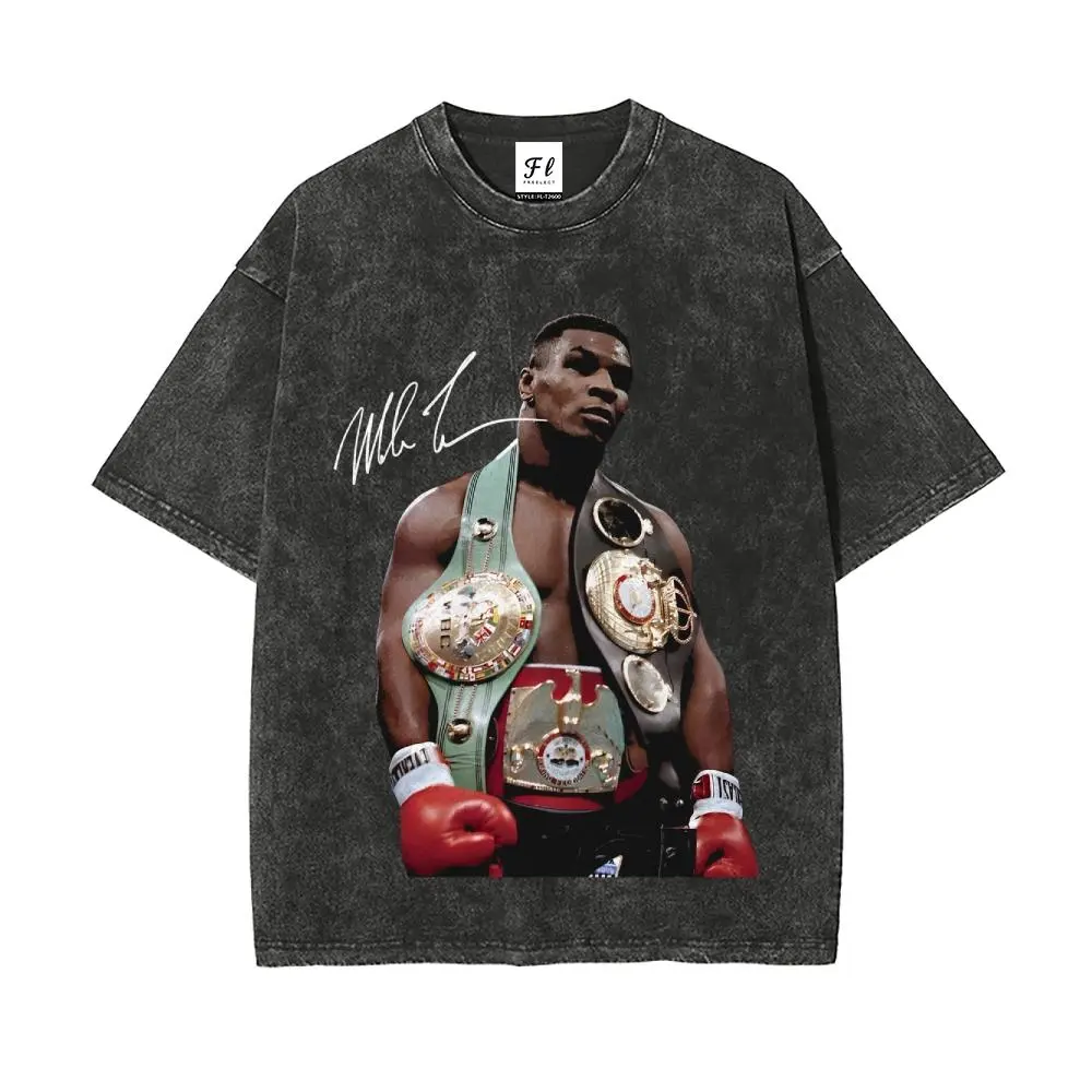 Mike Tyson 90s Vintage Boxing Legend Oversize Unisex Washed Batik Cotton Short-Sleeve Retro T-Shirt - Super Soft, Pre-Shrunk Streetwear Menswear for Men, Pairable with Sneakers, Cardigan, Pants, Shortsleeve, Tshirt