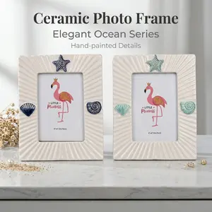 Ceramic seashell photo frame 4x6 inches for Weddinggifts,Vertical arrangement. Suitable for use on the desktop or on the wall. Gift for the bride, friends, family or loved ones.