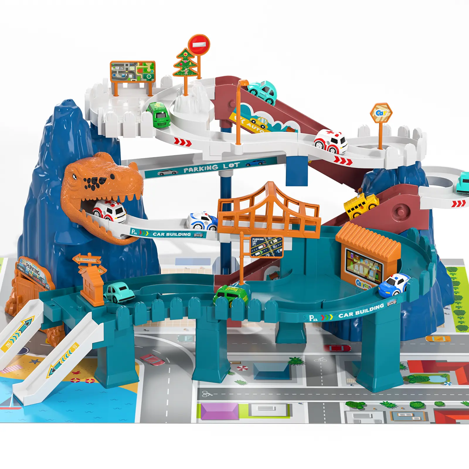 BPA-Free Large Dinosaur Racing Track & Race Cars Toy Set - Electric Spiral Lift-Descend Track, Parking Garage, Twist Ramp, Bridge, Dinosaur Tunnel, 10 Lighted Sound Mini Cars, Science Educational Building Toy for 3-4 Years Fantasy & Sci-Fi Boys and Girls