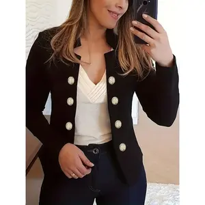 Women's solid color double button jacket, spring and autumn casual long sleeved jacket, women's daily clothing, jacketRAIMENTRY