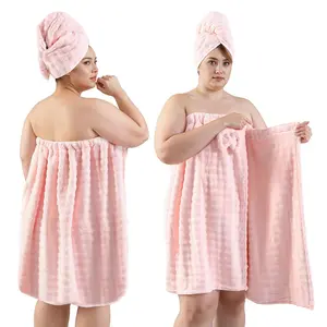 ECOLOOK Pink Towel Wrap for Women, XL Spa Shower Wrap with Hair Towel, Super Absorbent Bath Towels Robe for Body, Adjustable Microfiber Plush Bathrobe for Girls, Warmth Velcro Plus Size Wraps Towels