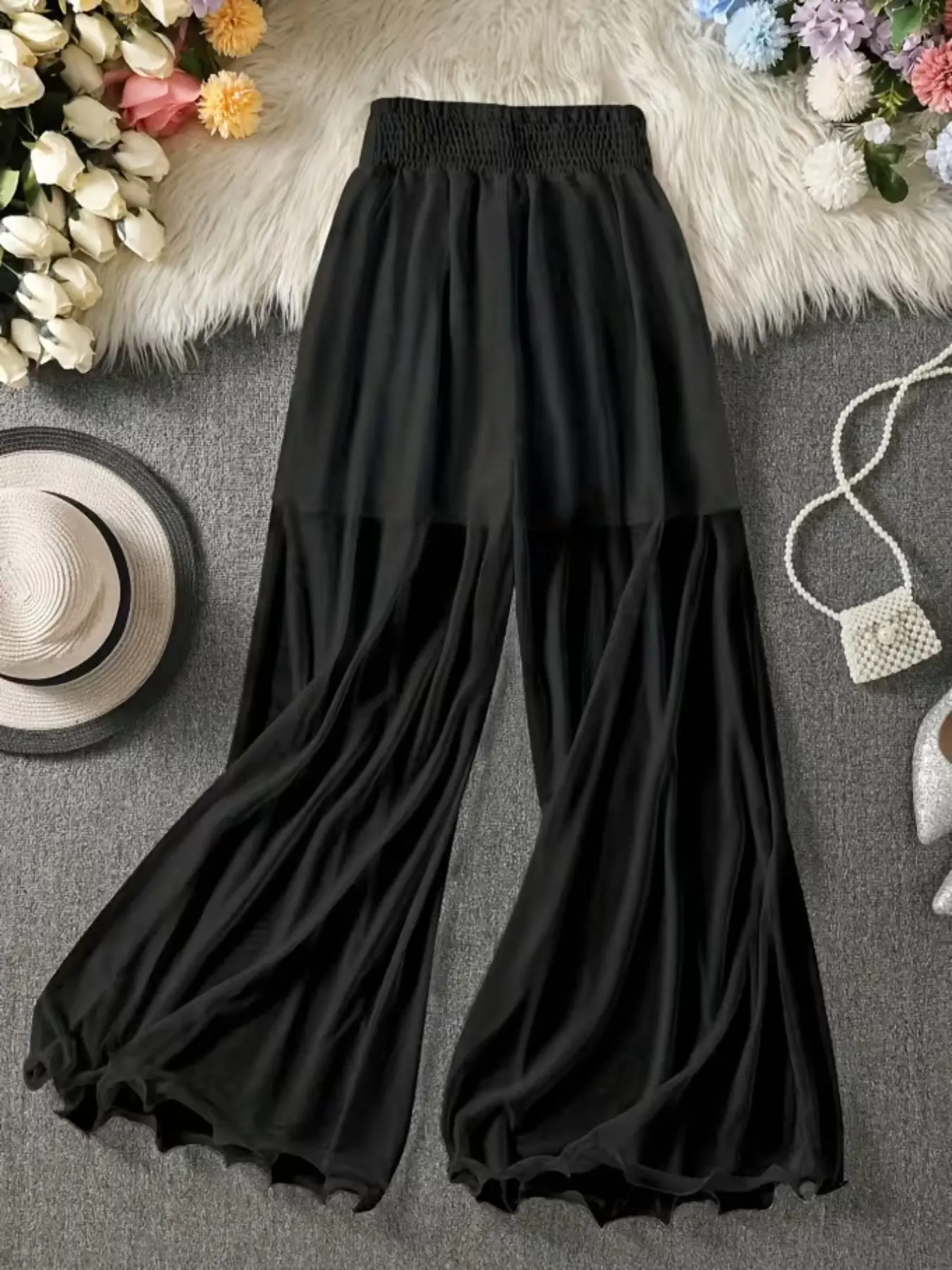 New Women's Summer Wide Leg Elastic Pants, Ruffle Fish Tail Bell Bottoms, Casual Long Pants, Fashionable and Comfortable, Perfect for Daily Wear, Bell Bottoms Trousers