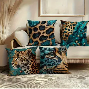 Set of 4, Wild Leopard Print Pillow Covers, Bedroom Decorative Accessories. Made from Soft And Smooth Polyester Short Plush Fabric, Featuring a Single-Sided Print, Measuring 44.96*44.96 cm, Machine Washable