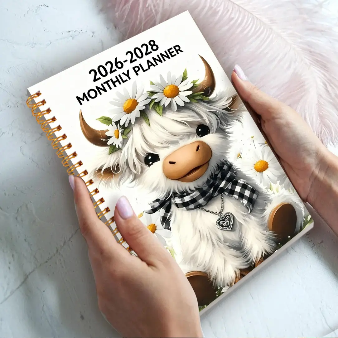 1 piece, 8.3*5.5 inches, three-year notebook planner (2026-2028) - monthly and daily planner, spiral bound, cover printed with a cute Highland calf. Very suitable for office workers, students, cartoon lovers, animal lovers, Planner Calendar