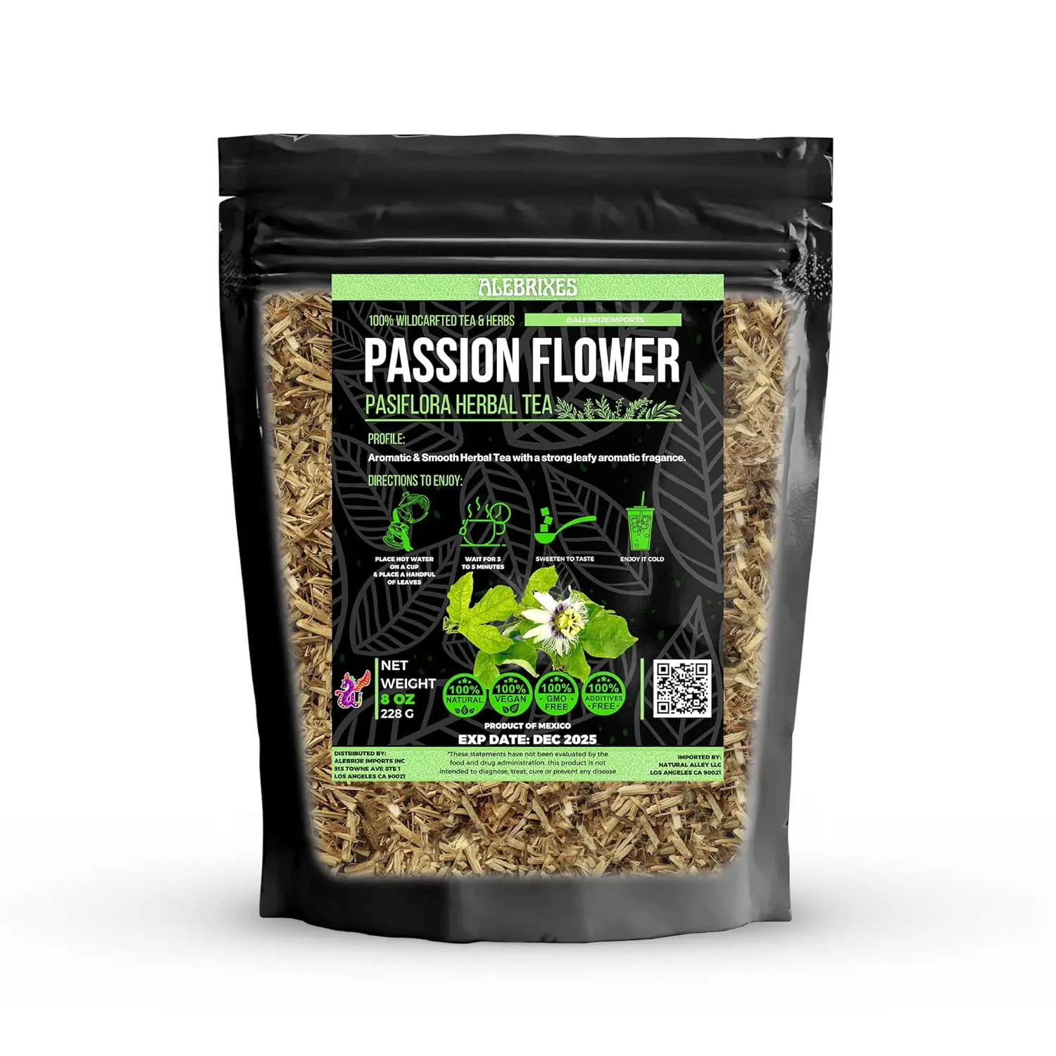 Alebrixes | Passion Flower Herbal Tea (8 oz) | Whole Dried Passionflower Leaf | Te Passiflora - Pasiflora | Relaxation, Focus, Bed Time Tea.
