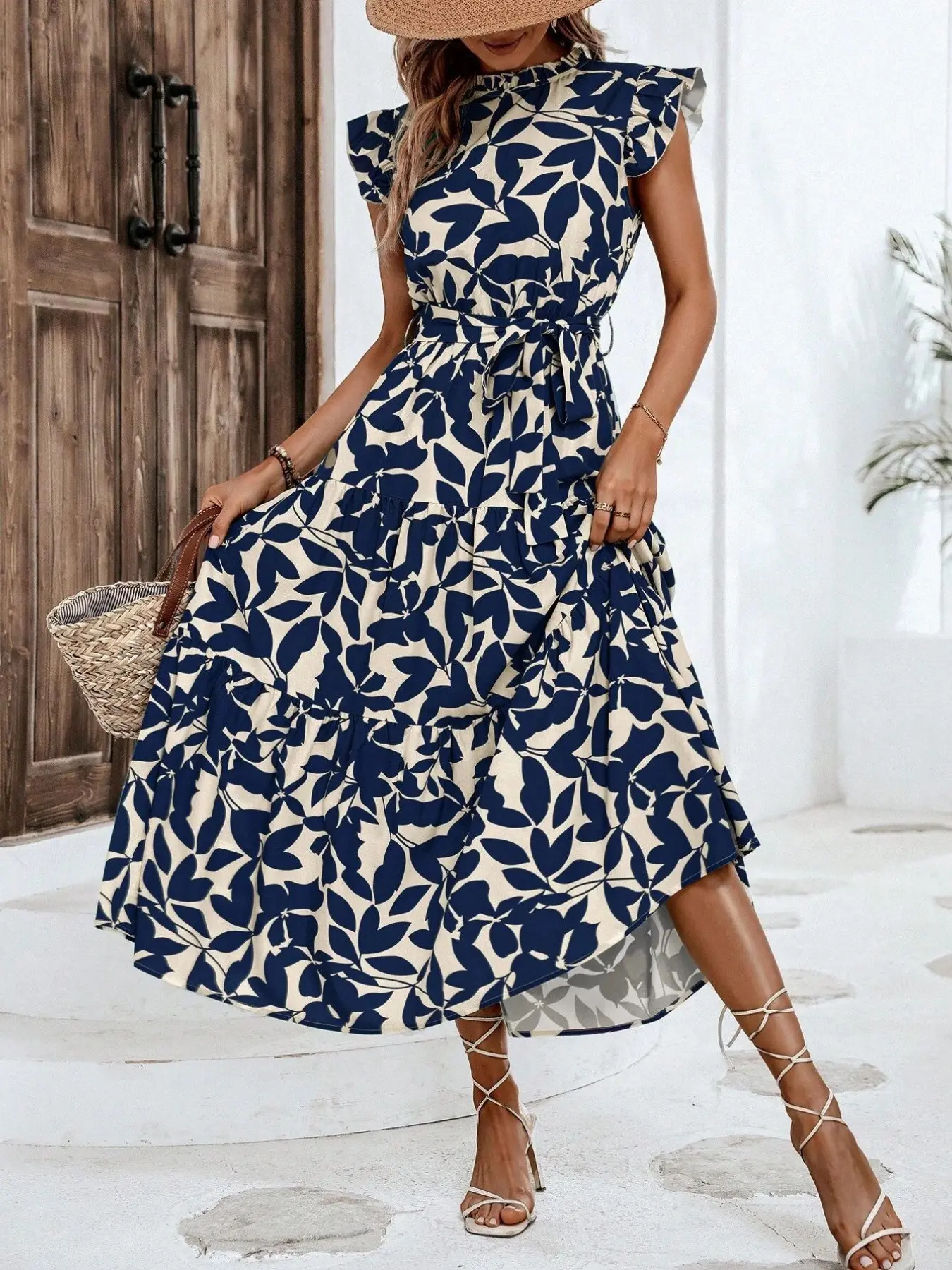 Fashion Ruffle Flyaway Sleeve Tie Print Boho Fairy Dress, Elegant Women's Clothing, Perfect for Parties and Special Occasions, Date Night Dresses, Elegant Summer Dresses