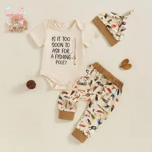 Baby Boy Summer Clothes, Letter Print Short Sleeve Romper with Fish Pattern Pants and Hat 3 Pcs Set, Casual Baby Boy Set