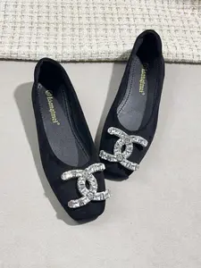 Women's Square Toe Chic Ballet Flats, Luxury Rhinestone C Buckle, Textile Upper, Comfortable Rubber Sole, All-Season Casual Shoes