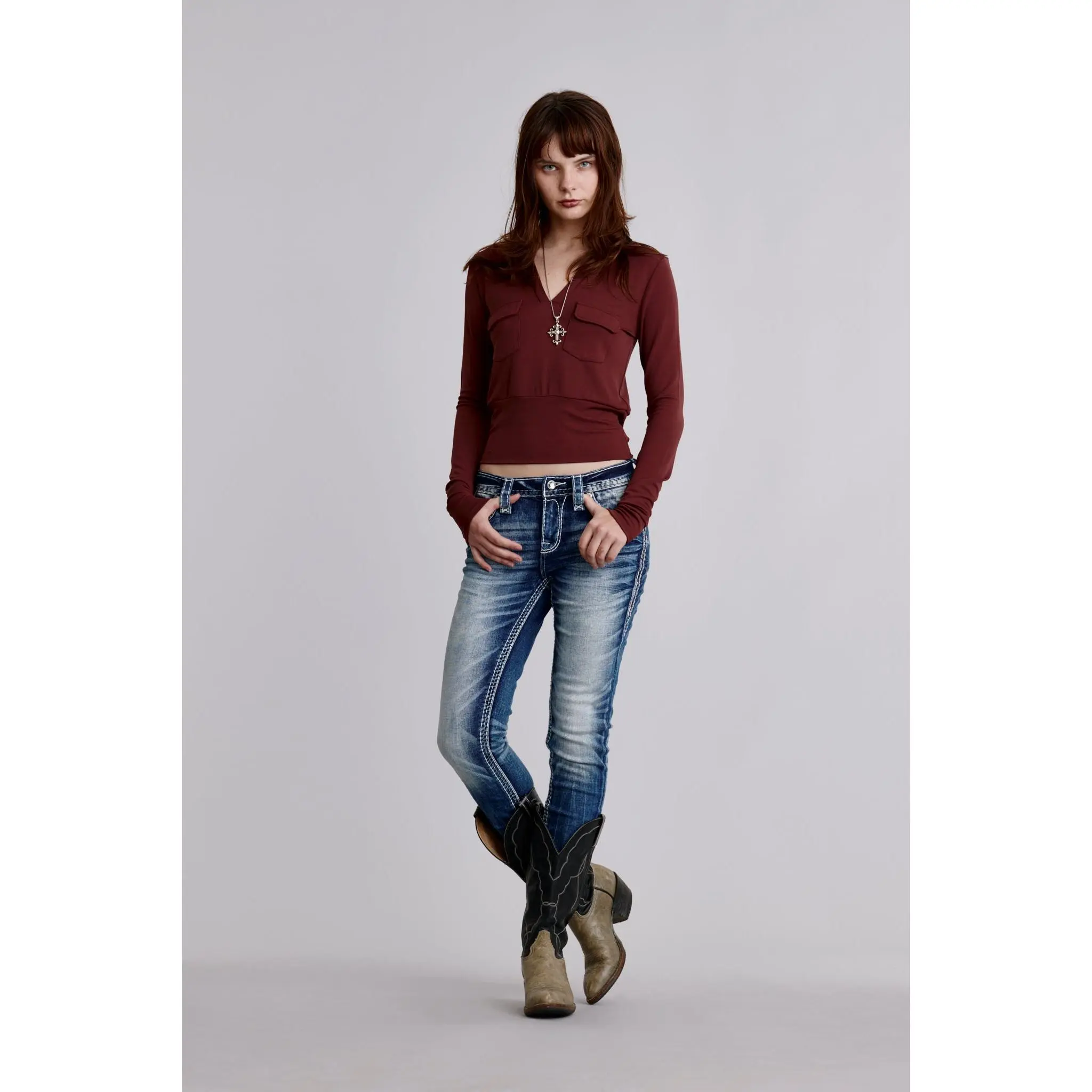 Rock Revival Aurelia Women's Skinny Slim Stretch Casual Rivets Denim Jeans - Embroidered Flower Bottoms with Leather Accent, Pocket, Faded Blue Denim Embroidered Jeans