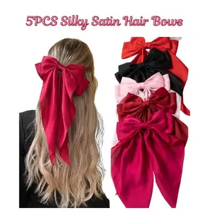 4PCS Silky Satin Hair Bows – Oversized Long Tail Bow Clips Barrettes, Big Ribbon Bowknot Hair Accessories for Women & Girls | Coquette Trendy Hair Clips, Cute Gift Set
