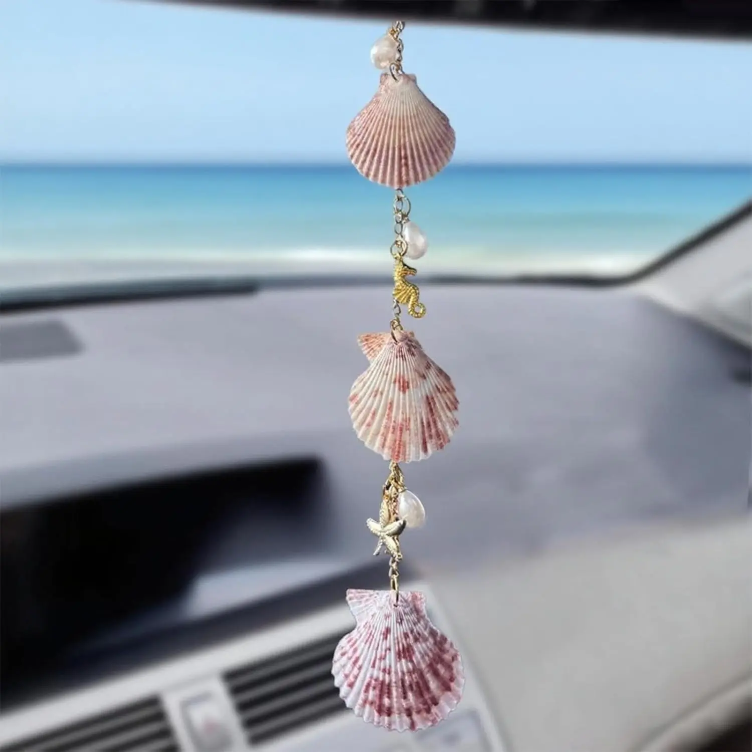 Cute Seashell Car Decoration, Car Interior Ornaments, Bohemian Beach Theme Rearview Mirror Ornament, Handmade Starfish Shell Pendant for Women