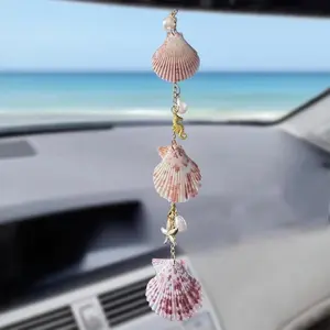 Cute Seashell Car Decoration, Bohemian Beach Theme Rearview Mirror Ornament, Handmade Starfish Shell Pendant for Women, Car Accessory