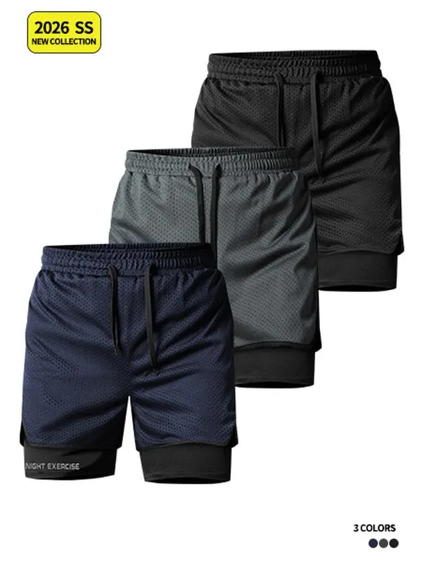 Men 2 in 1 Mesh Basketball Shorts Elastic Drawstring Waist Built-in Compression Liner Letter Print Breathable Running Training Athletic Shorts