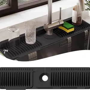 24 Inch Longer Faucet Mat for Kitchen Sink 5°Slope Fast Self-draining Silicone Splash Guard with Customizable Hole & Button Design for Efficient Drainage and Tidy Sink Area