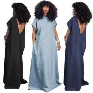 Women's Denim Maxi Dress 2025 Retro Loose Slim Fit Maxi Dress Batwing Sleeve Back V-neck Summer Womenswear Light Blue Casual Basic Crewneck Minimalist Shortsleeve, Dresses For Women, Maxi Dress For Women