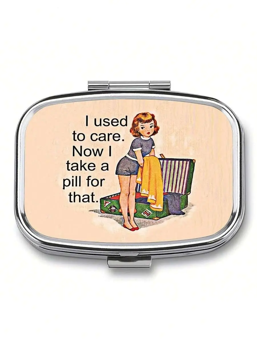 1pc Retro Comic Art Pill Box Dual Compartment - Portable Travel Medicine And Vitamin Storage Box With Mirror, ABSMetal Material Design (I Used To Care About ), Daily Pill Organizer  Humorous Illustration  Metal Pill Case, Portable Handheld Pill Box